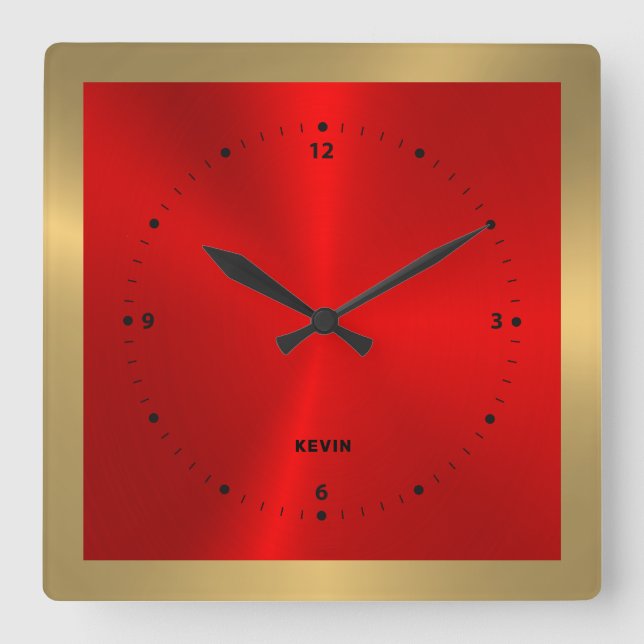 Gold & Red & Metallic Stainless Steel Square Square Wall Clock (Front)