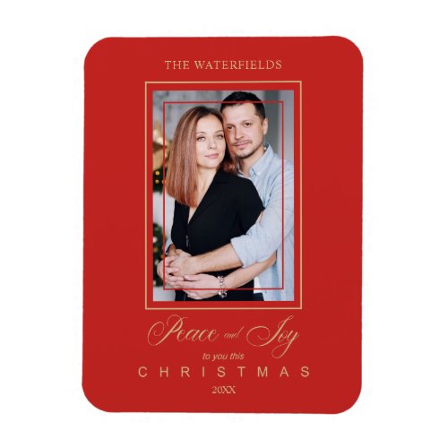 Gold Red Minimalist Modern Christmas Photo Family Magnet