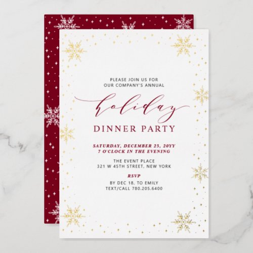 Gold  Red Modern Christmas Holiday Dinner Party Foil Invitation