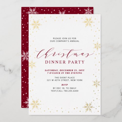 Gold  Red Modern Christmas Holiday Dinner Party Foil Invitation