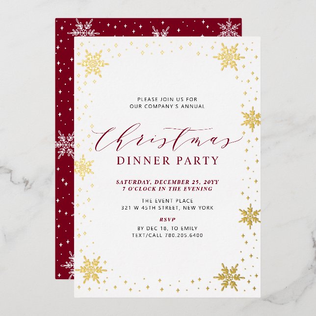 Gold & Red Modern Christmas Holiday Dinner Party Foil Invitation (Front/Back)