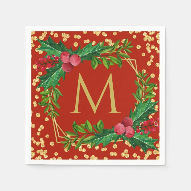Gold Red Monogram Merry Christmas Holly Glitter Napkins (Front)