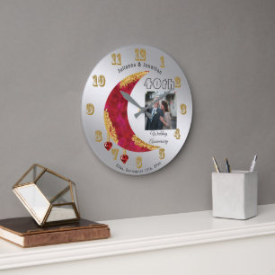 Gold Red Moon 40th anniversary Red Hearts & Photo Large Clock