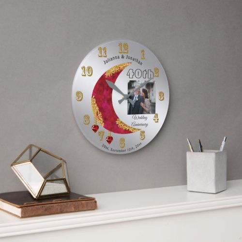 Gold Red Moon 40th anniversary Red Hearts  Photo  Large Clock