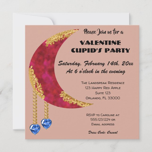 Gold Red Moon Blue Heart Jewel Valentine’s Day Invitation (Front)