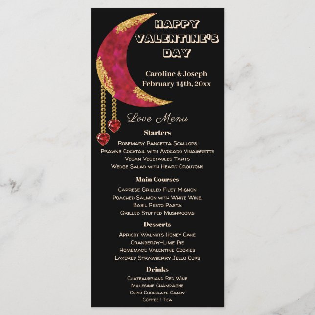 Gold Red Moon Heart Jewels Valentine’s Day Menu (Front)