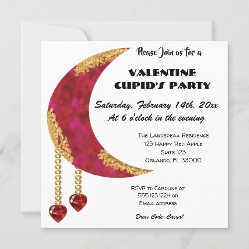 Gold Red Moon Red Heart Jewel Valentineâs Day Invitation