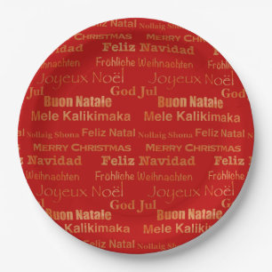 Gold Red Multi Language Merry Christmas Paper Plates