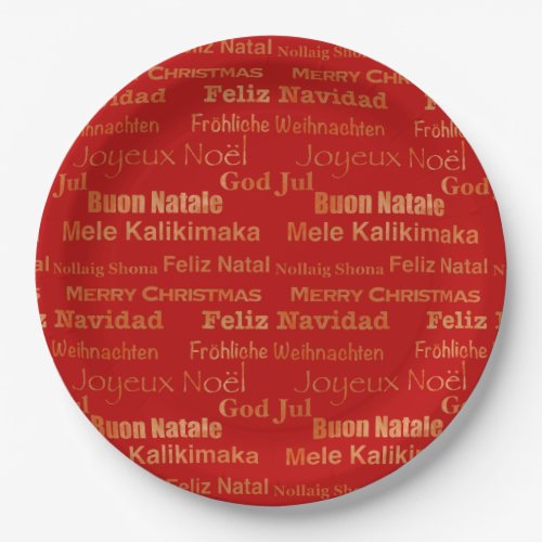 Gold Red Multi Language Merry Christmas Paper Plates