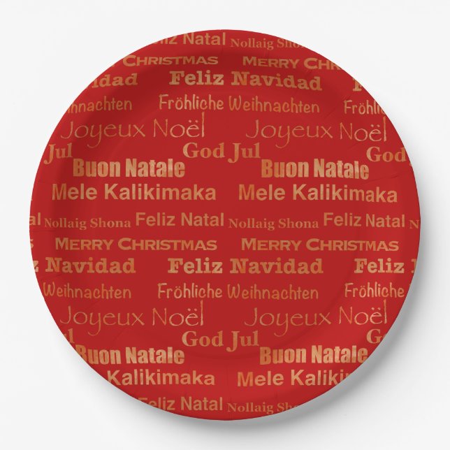Gold Red Multi Language Merry Christmas Paper Plates (Front)