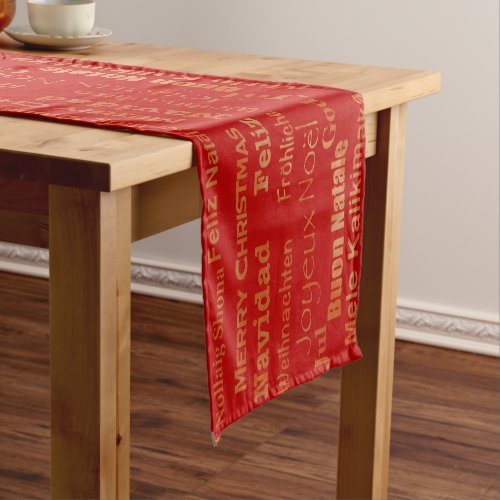 Gold Red Multi Language Merry Christmas Short Table Runner