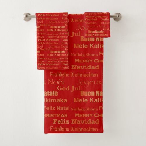 Gold Red Multi Language Merry Christmas Towel