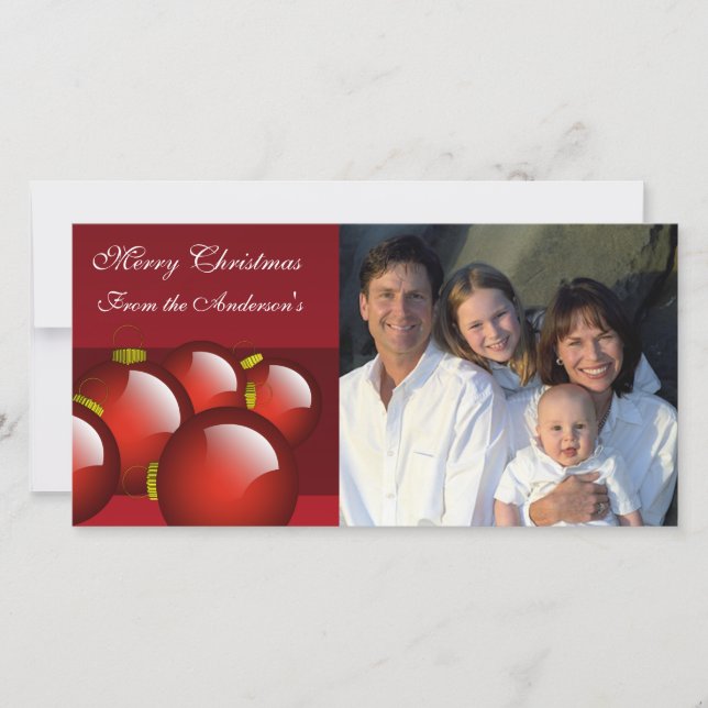 Gold & Red Ornaments Family Photo Holiday Card (Front)