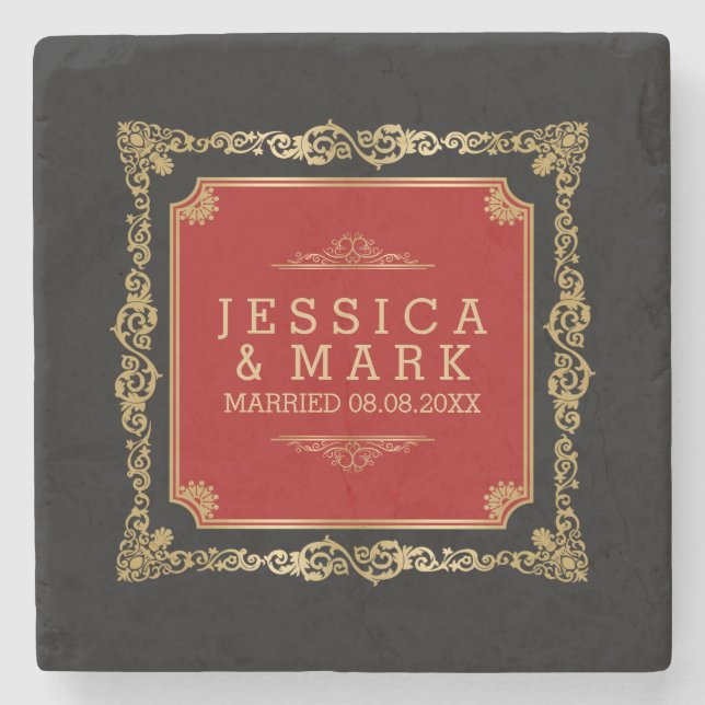 Gold & Red Ornate Frame Black Background Stone Coaster (Front)