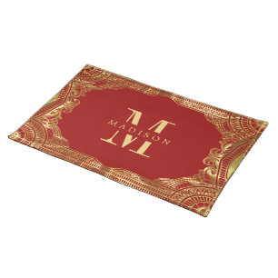 Gold Red Ornate Royal Swirls Frame Monogram Cloth Placemat