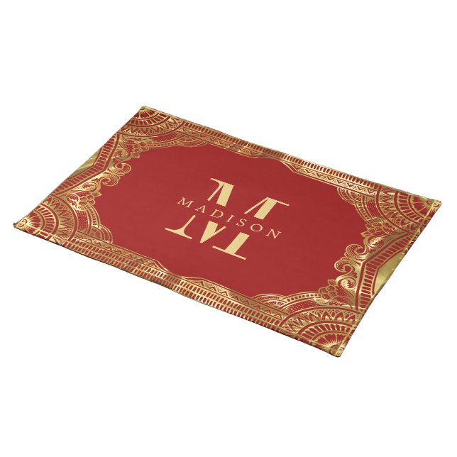 Gold Red Ornate Royal Swirls Frame Monogram Cloth Placemat (On Table)