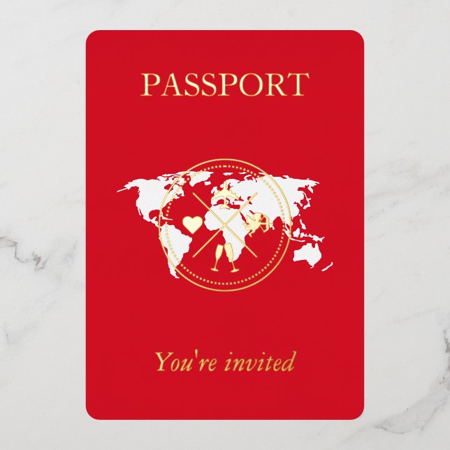 Gold & Red Passport Unique Wedding Photo Foil Invitation (Front)