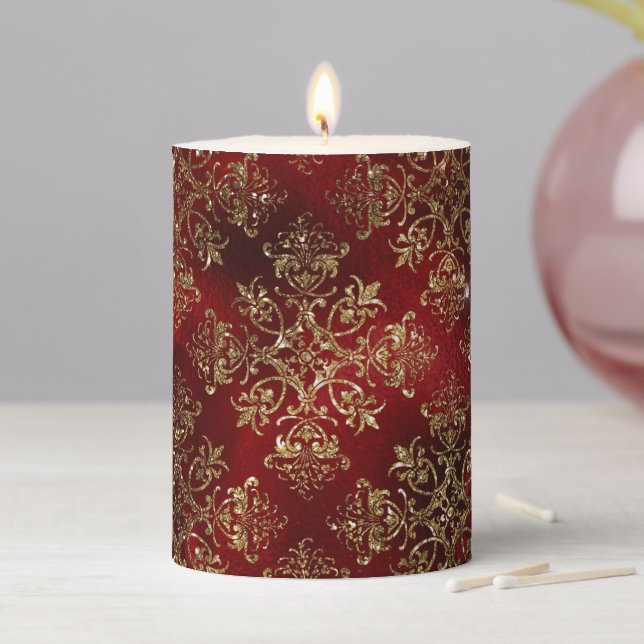 Gold Red Pattern Christmas Holidays  Pillar Candle (In Situ)