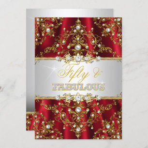 Gold Red Pearl Damask Fifty and Fabulous Invite