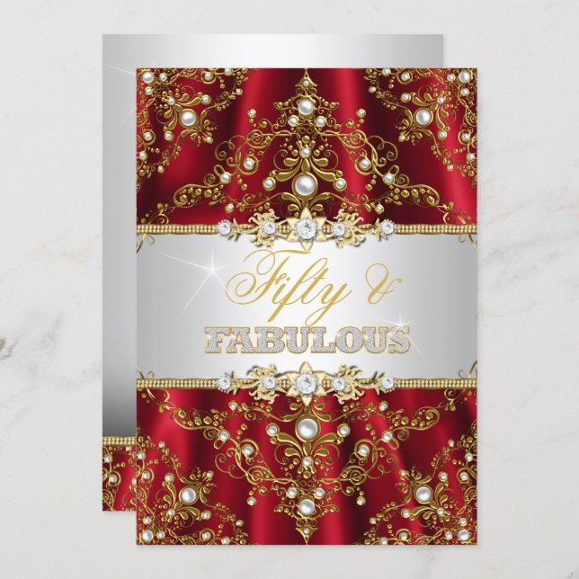 Gold Red Pearl Damask Fifty and Fabulous Invite (Front/Back)