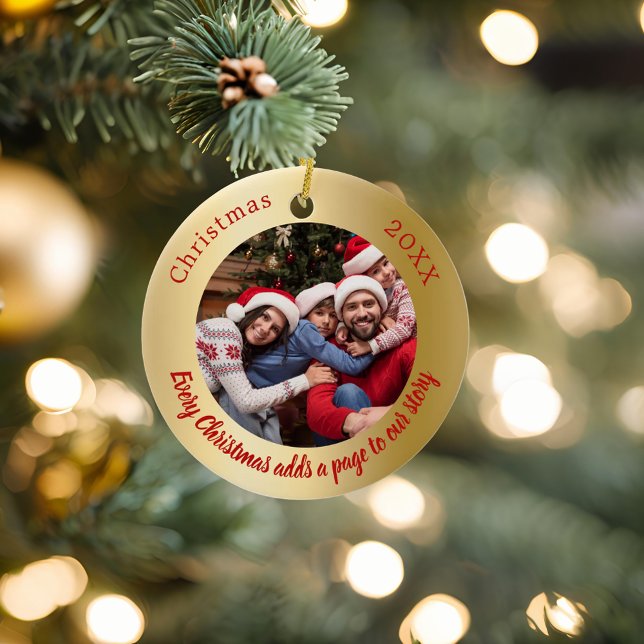 Gold red photo family story quote Christmas Ceramic Ornament (Creator Uploaded)