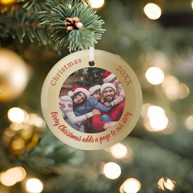 Gold red photo family story quote Christmas Glass Ornament (Creator Uploaded)