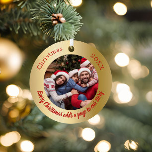 Gold red photo family story quote Christmas Metal Ornament