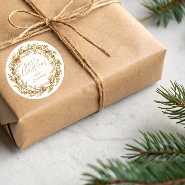 Gold Red Pine Berry Christmas Wreath Family Name  Classic Round Sticker (Creator Uploaded)