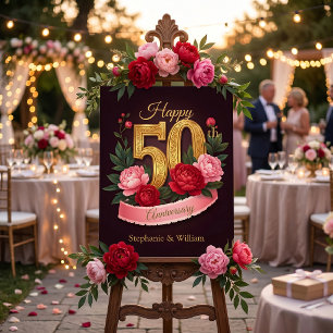 Gold Red Pink Floral 50th Wedding Anniversary Foam Board