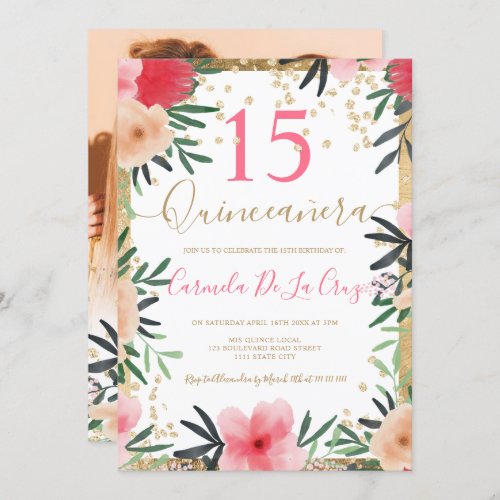 Gold red pink floral watercolor Quinceanera photo Invitation