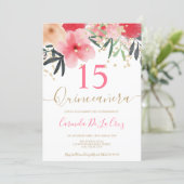 Gold red pink floral watercolor Quinceanera photo Invitation (Standing Front)