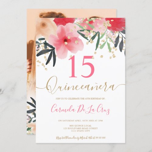 Gold red pink floral watercolor Quinceanera photo Invitation