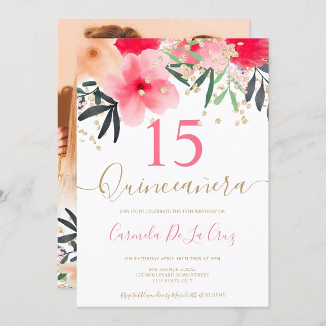 Gold red pink floral watercolor Quinceanera photo Invitation (Front/Back)