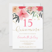 Gold red pink floral watercolor Quinceanera photo Invitation (Front)