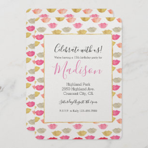 Gold Red Pink Watercolor Lips Invitation