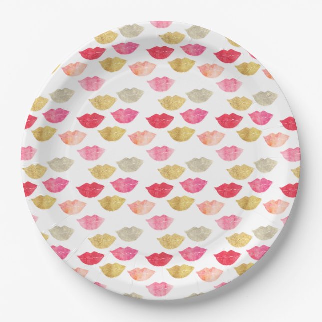 Gold Red Pink Watercolor Lips Paper Plates (Front)