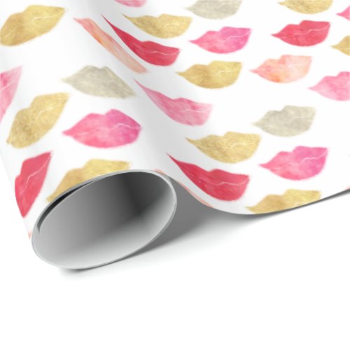 Gold Red Pink Watercolor Lips Wrapping Paper