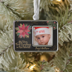 Gold Red Poinsettia Glittery First Christmas Black Ornament