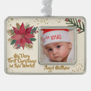 Gold Red Poinsettia Glittery First Christmas Photo Ornament