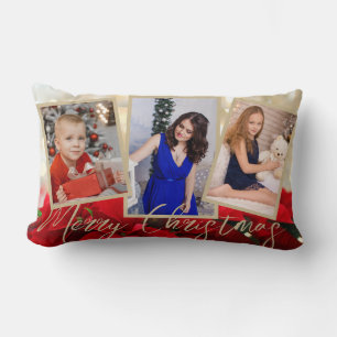 Gold Red Poinsettia Merry Christmas 3 Photos Throw Lumbar Pillow