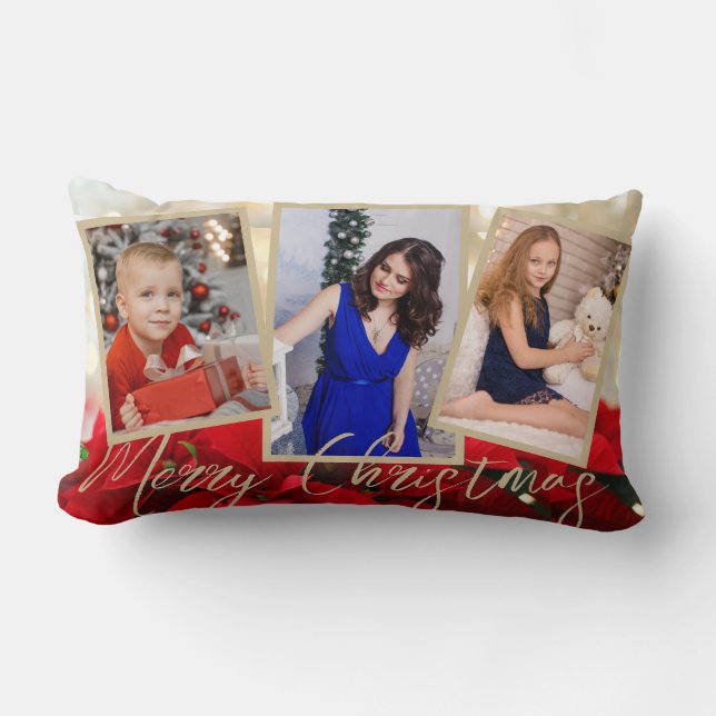 Gold Red Poinsettia Merry Christmas 3 Photos Throw Lumbar Pillow (Front)