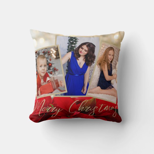 Gold Red Poinsettia Merry Christmas 3 Photos Throw Pillow (Front)