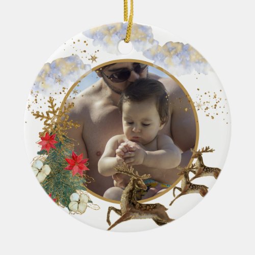 Gold Red Poinsettia Tree Best Dad Christmas Photo Ceramic Ornament