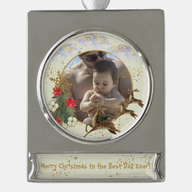 Gold Red Poinsettia Tree Best Dad Christmas Photo Silver Plated Banner Ornament (Front)