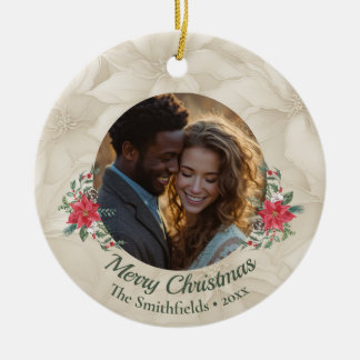 Gold, Red Poinsettia Two Photos Holiday Ceramic Ornament