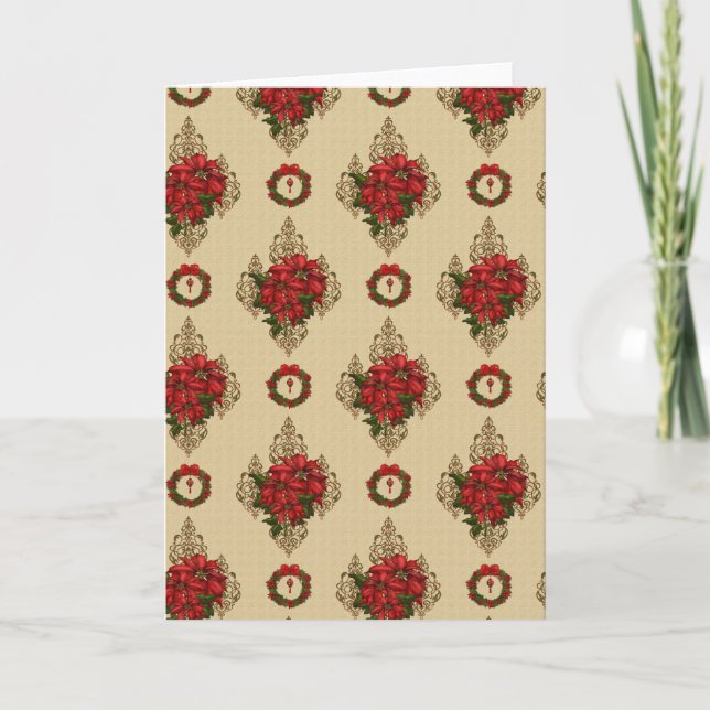 Gold Red Poinsettia & Wreath Damask Holiday Card (Front)