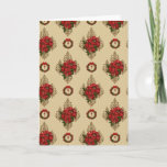Gold Red Poinsettia &amp; Wreath Damask Holiday Card