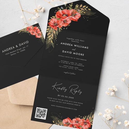 Gold Red Poppy Floral Fall QR Code Black Wedding All In One Invitation