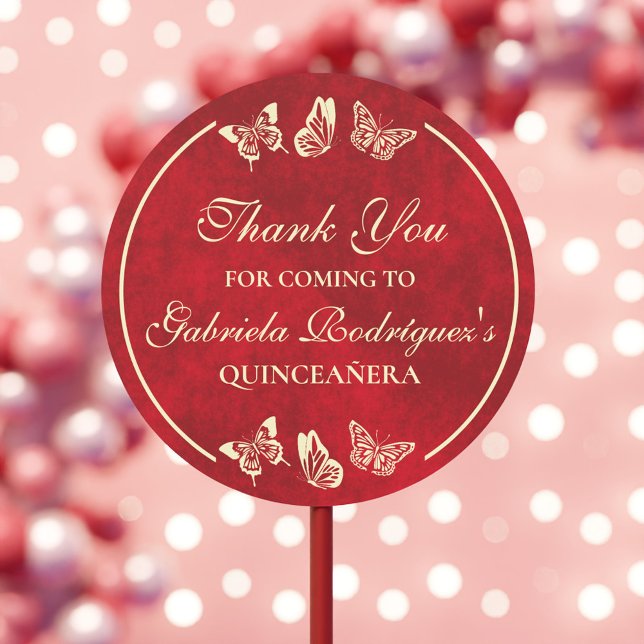 Gold Red Quinceañera Butterfly 15th Birthday Party Classic Round Sticker (Gold Red Quinceañera Butterfly 15th Birthday Party Classic Round Sticker)