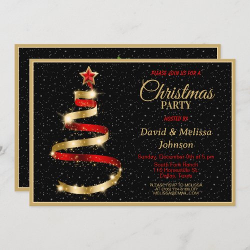 Gold  Red Ribbon Christmas Tree Party invitation